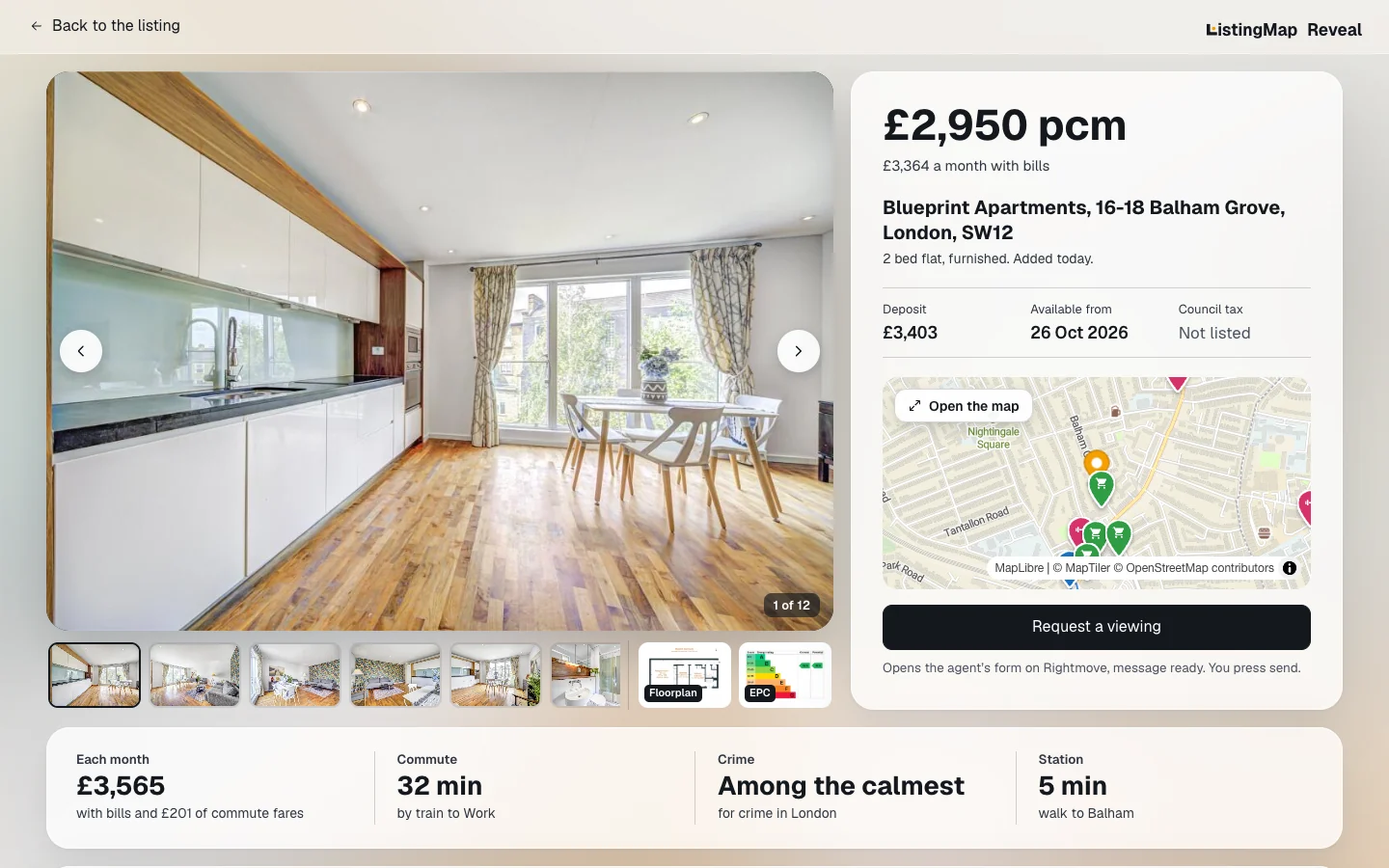 The Reveal page for a Rightmove rental in Balham: big photos with the floorplan and EPC in the strip, the rent and what it costs a month with bills, a live map, a Request a viewing button, and answers for the monthly cost, the commute, crime and the nearest station