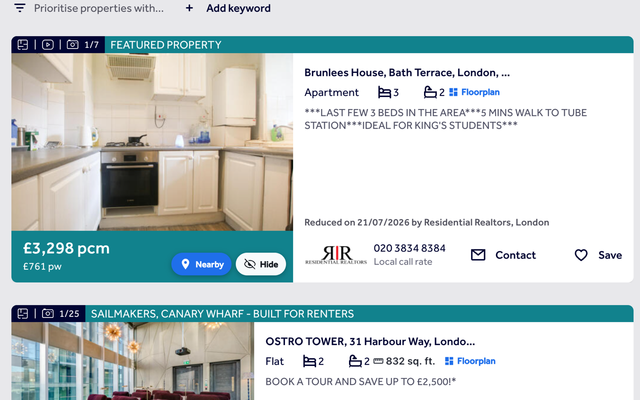 Search results with a Nearby and Hide button on each property card, and the floor area shown next to the beds and baths
