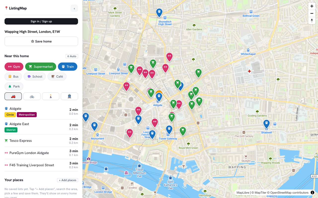 ListingMap showing a property with saved places and a route on the map