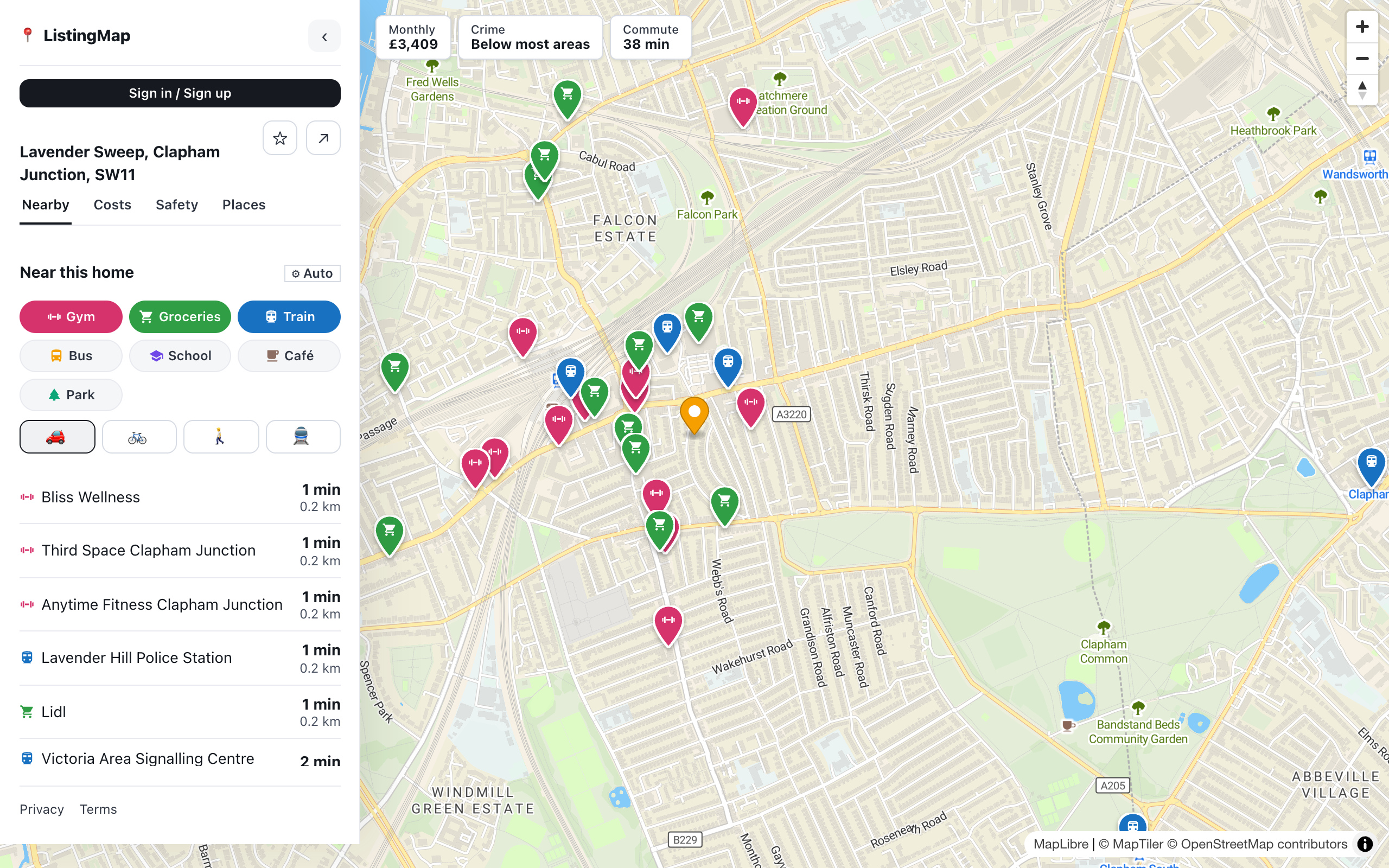 The Nearby view open on a home, with category chips and a list of the nearest places and travel times
